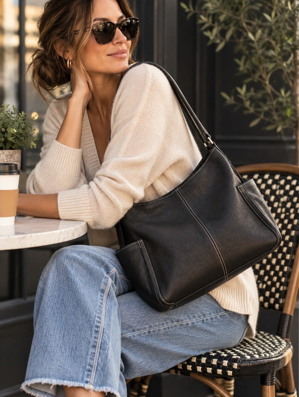 Kate Spade large textured leather shoulder bag black